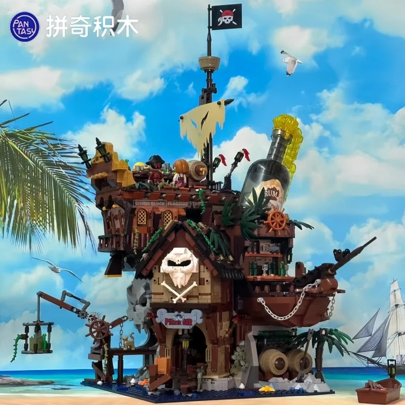 

Пиратский корабль, бар, уличная сцена, собранные строительные блоки, мультяшное изображение, игрушечная модель, настольные большие декоративные украшения, праздничный подарок