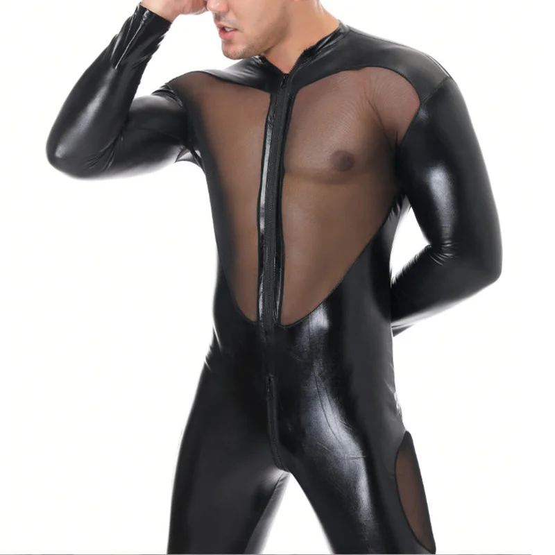 Mens Bodysuit Patent Leather Catsuit Faux Leather Jumpsuit Stage Costume Zipper Leotard Wrestling Singlet Long Trousers Clubwear