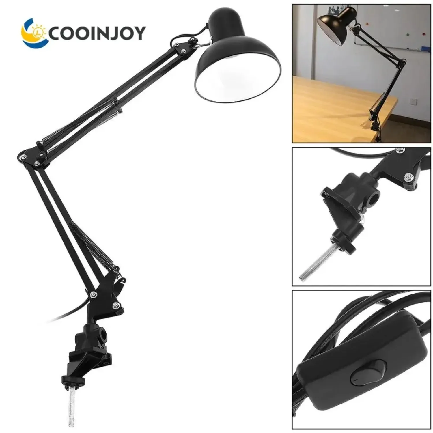 COOINJOY Home Desk Lamp Flexible Swing Arm E27 Desk Light Bracket with Rotatable Table Lamp Head and Clamp Mount Support Study