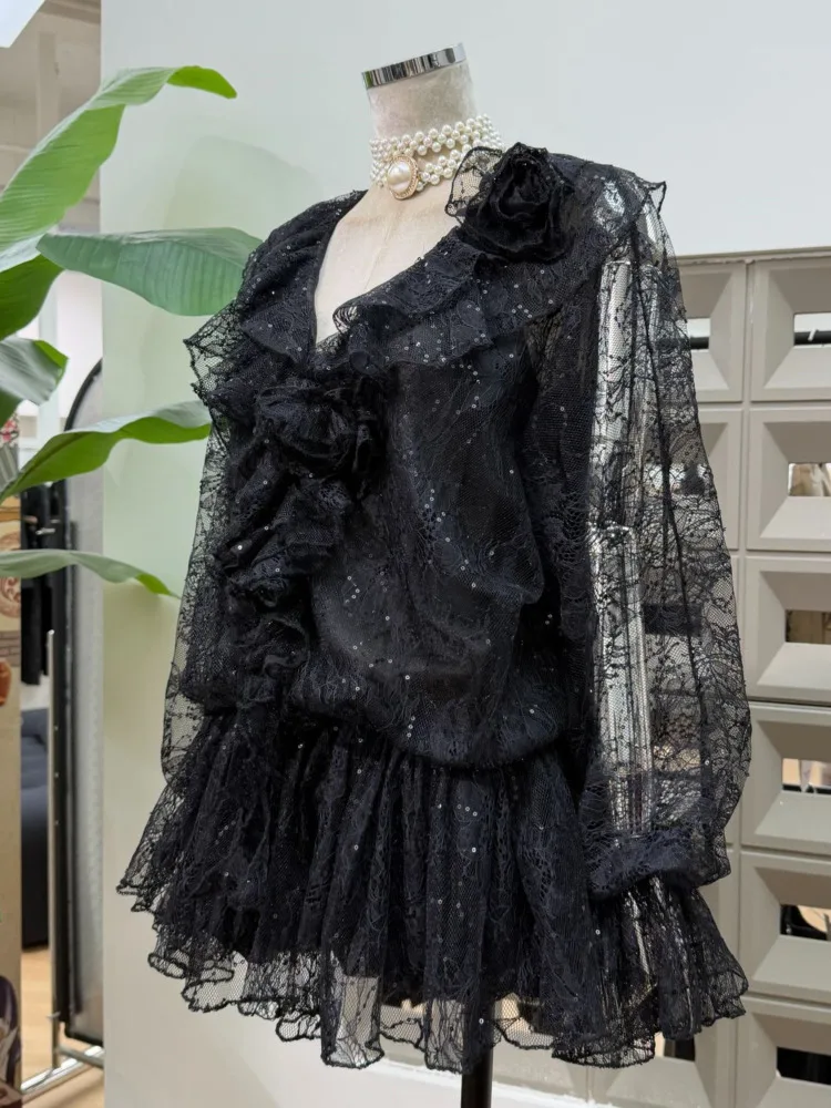 DFDG 025 فستان نسائي مصمم بأكمام طويلة من الدانتيل فستان شفاف مكشكش مرقع للربيع والصيف فستان أنيق عصري #6