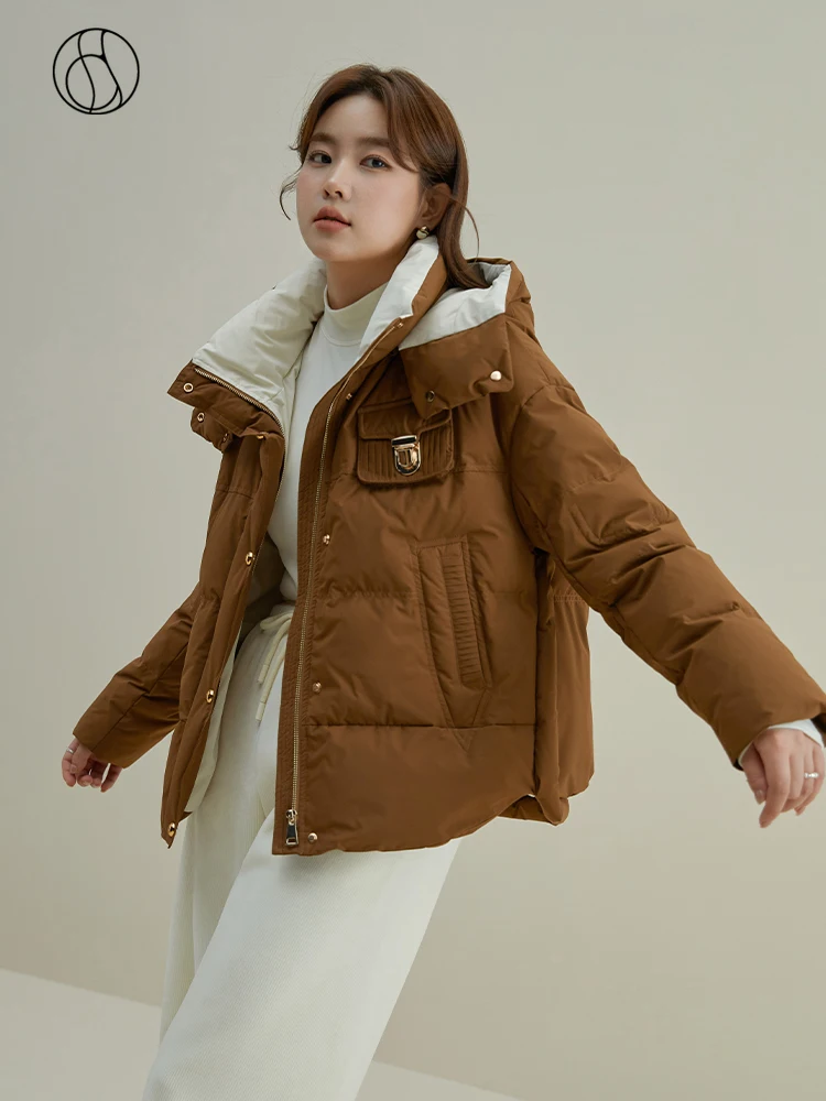 DUSHU 104G Filling Capacity Detachable Hooded Short Loose Down Jacket Winter New Brown Drop Sleeve Women White Duck Down Coats