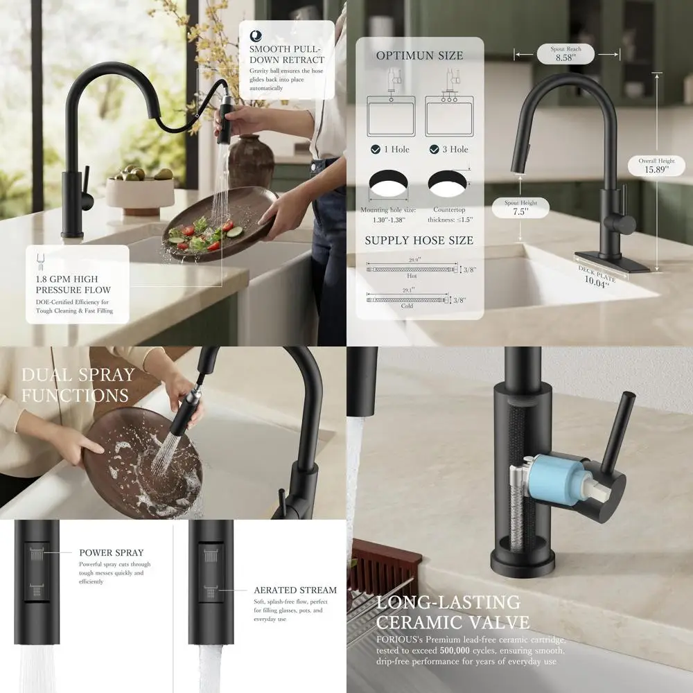 

Черный кухонный смеситель из нержавеющей стали с высоким изливом, одной ручкой и выдвижным распылителем, с 1-отверстной декоративной накладкой на столешницу