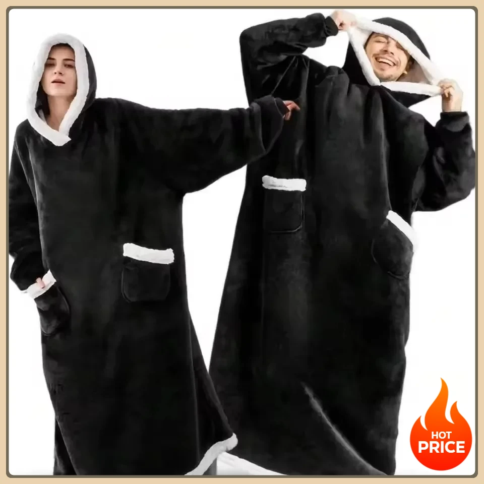 

Winter Hooded Lamb Fleece Pullover Loose Flannel Blanket Pajamas with Long Sleeve for Women Men