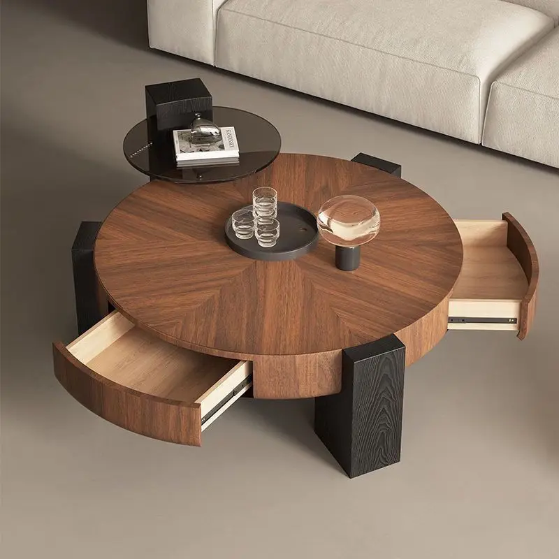 Vintage Walnut Wood Coffee Table Circular Luxury Storage Tea Table Creativity Elegant Dinning Desk Home Restaurant Furniture