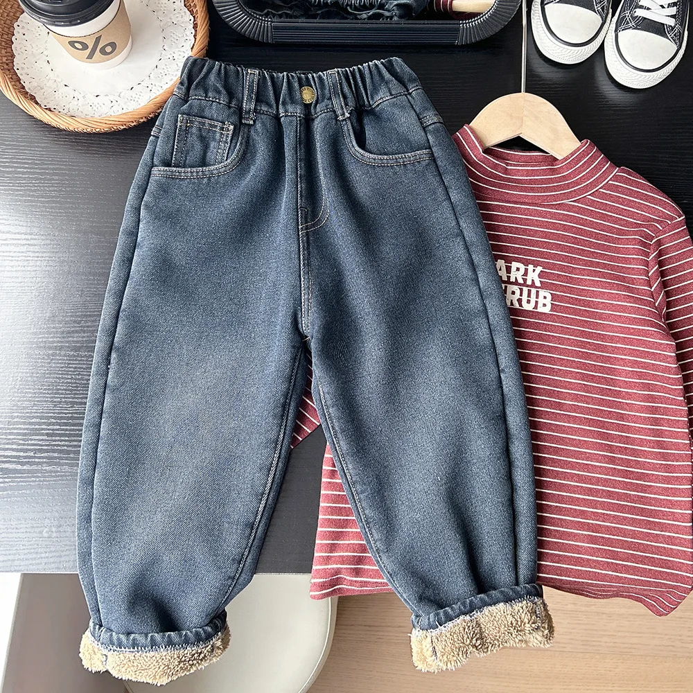 

New Winter Kids Baby Boys Jeans Thicken Warm Letter Printed Toddler Boys Demin Pant Elastic Waist Infant Boys Casual Pant