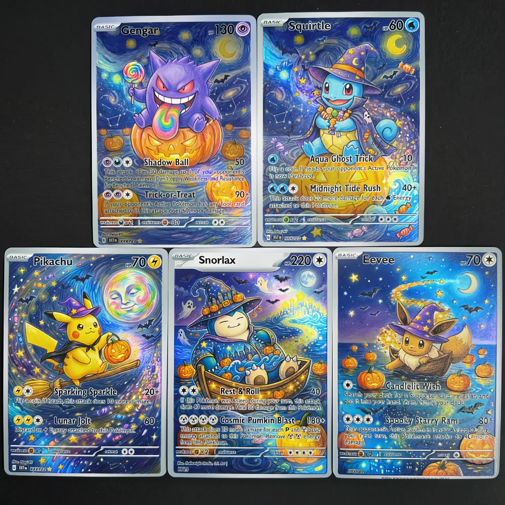5-cartas-de-presente-pokemon-ptcg-estilo-pintura-a-Oleo-gengar-eevee-snorlax-conjunto-de-cartas-de-colecao-presente-de-halloween