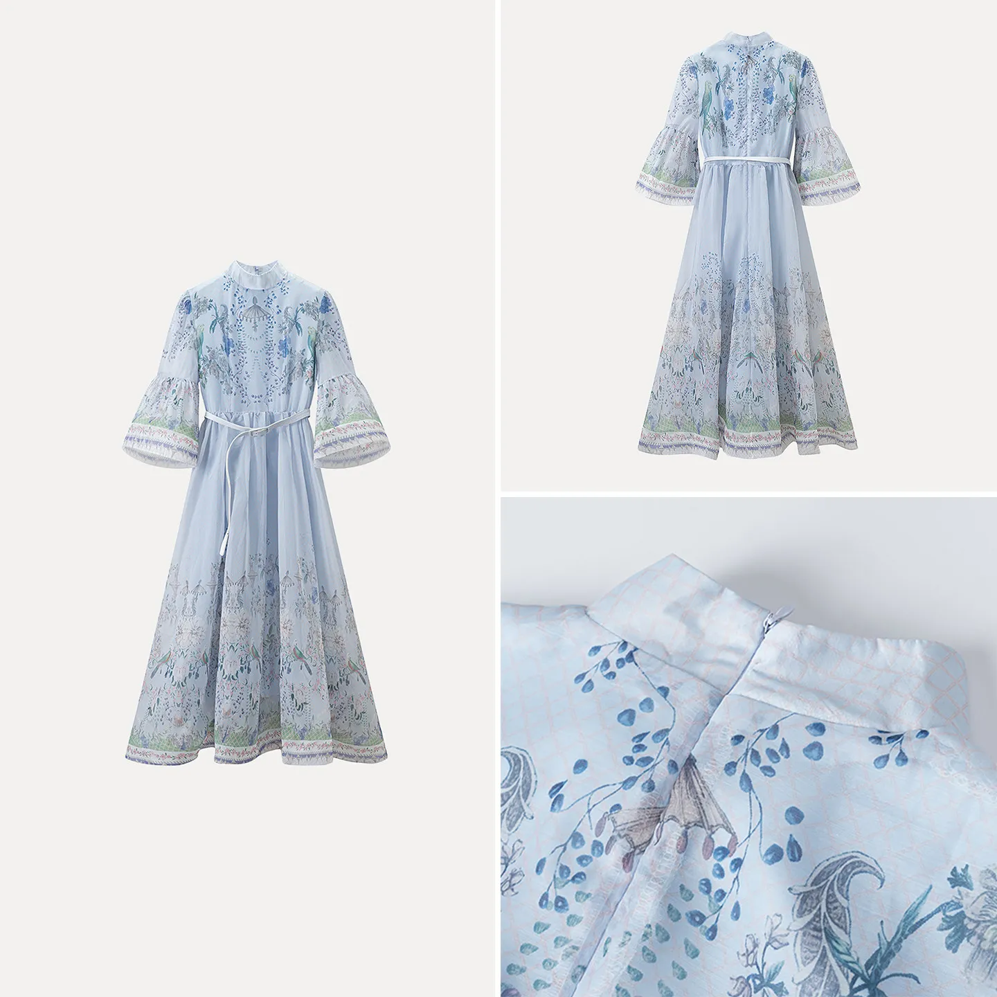 Retro Oil Painting Print Bubble Sleeve Slim Fit Stand Collar Dress Women's Fashion Autumn Collection Elegant Casual Gown