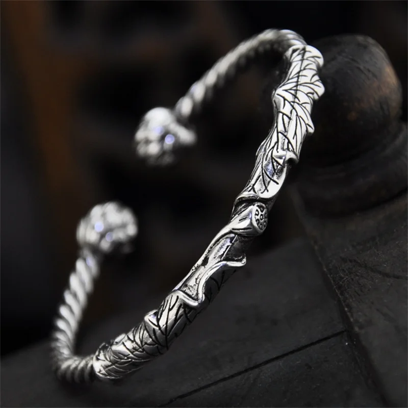 

Personality Relief Lotus Leaf Bangle Male Hand Accessories Vintage Ethnic Style Lotus Flower Bangle For Men Jewelry Open Size