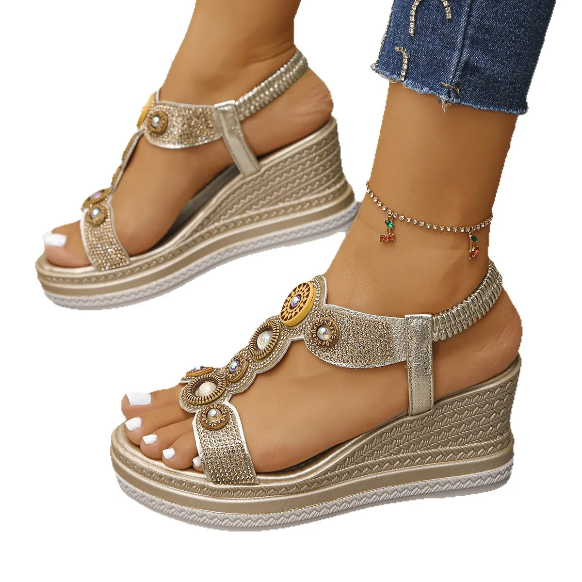 Fashion Crystals Wedges Heel Sandals Women Summer Chunky Platform Bohemian Sandalias Mujer Slip On High Heels Sandles Female 43