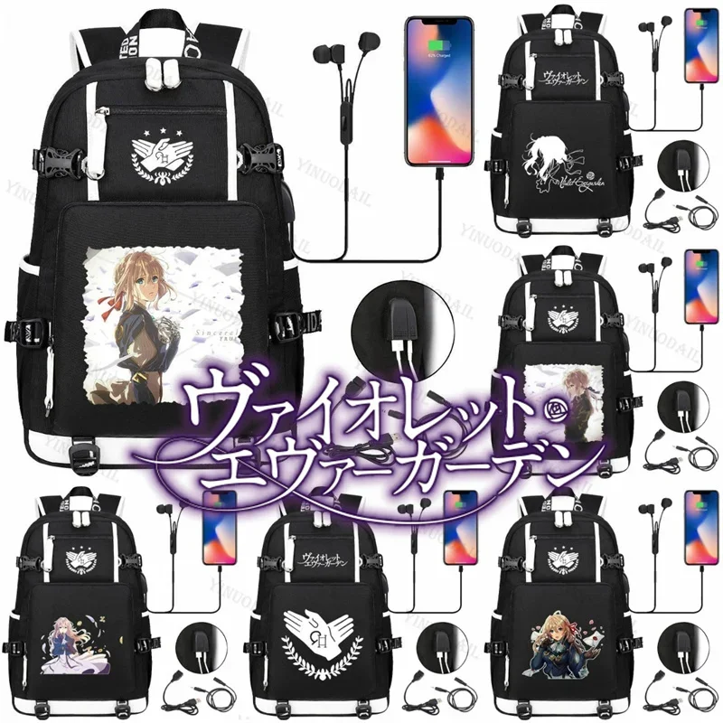 Mochila Violet Evergarden, Mochila escolar con tema Violet Evergarden con USB, Mochila De Viaje, papelería De estudio, bolsas para libros con figuras De Anime