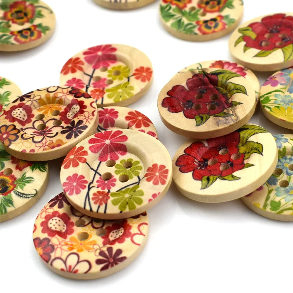 20PCS 30MM Flower Printed Round Wooden Button 4 Holes Mixed Wood Buttons Sewing Accessories for Clothing Decoration DIY