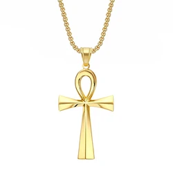 Egyptian Ankh Cross Necklaces Pendants Gold Color Stainless Steel Hieroglyphs Amulet Necklaces For Women Men Egypt Jewelry Gifts