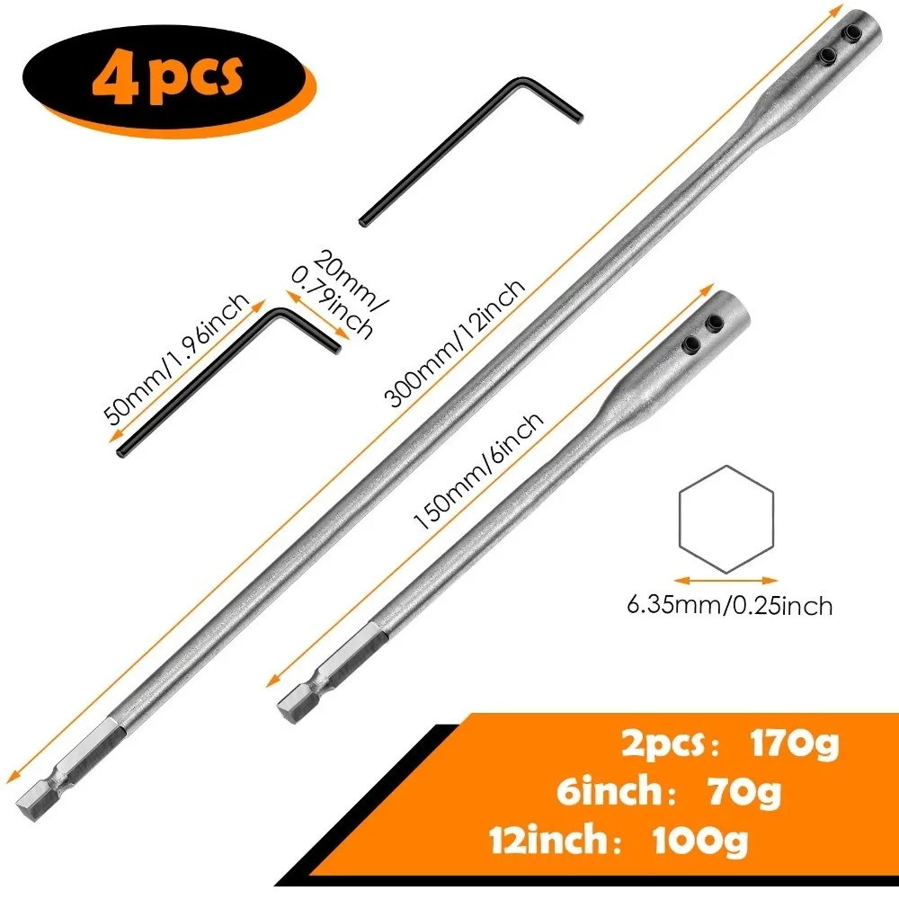 4pcs High Carbon Steel Drill Bit Extension 1/4in Hex Shank 6 Inch Length / 12 Inch Length Wood Spade Bit