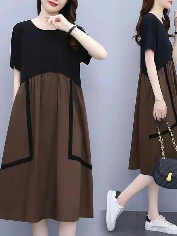 

plus Size Color Block Dress Casual Loose Fit Midi Length Cover Belly Summer Fashionable Women's Clothing High Waist Polyester...
