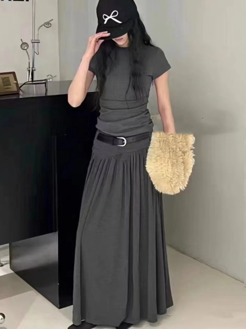 

Летний модный комплект Slim Fit с высокой талией, простым дизайном, поясом, юбкой-миди и топом, женский хлопковый ансамбль в корейском стиле из двух предметов