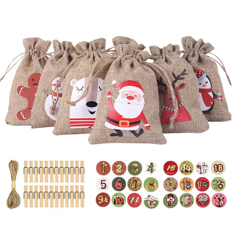 24pcs Christmas Decoration Advent Calendar Gift Bags Kerst Decoratie Paper Stickers Wooden Ornament Xmas Navidad