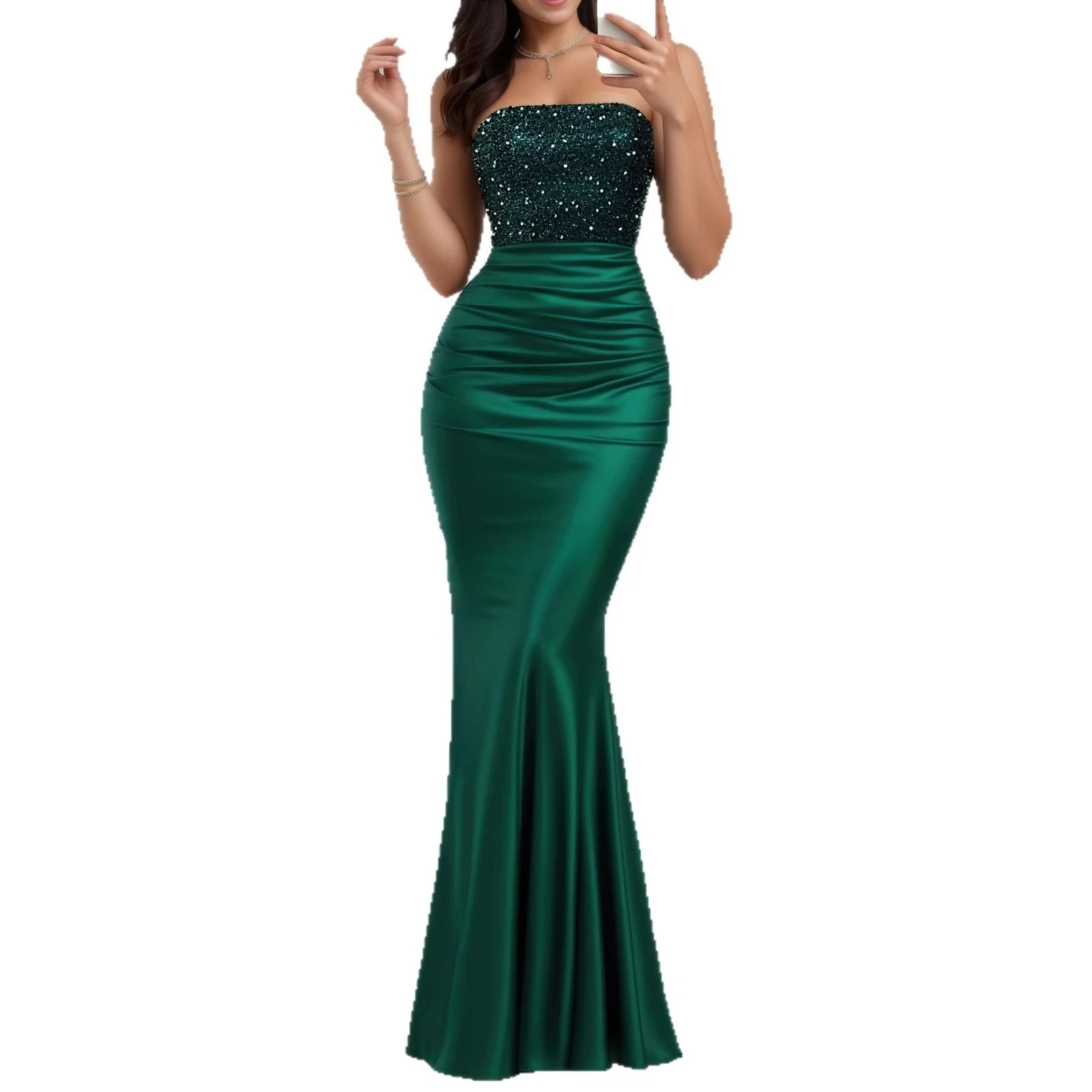 

Sexy Strapless Ruched Back Lace Up Sequined Mermaid Long Formal Evening Party Dress Green