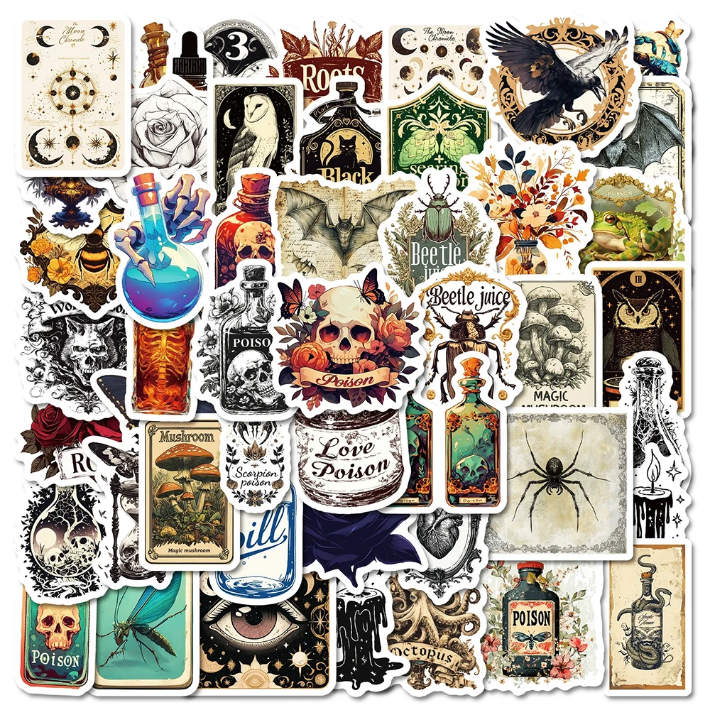 

10/30/50pcs Retro Cartoon Skull Potion Stickers Horror Gothic Style Decals Decoration Skateboard Laptop Phone Waterproof Sticker