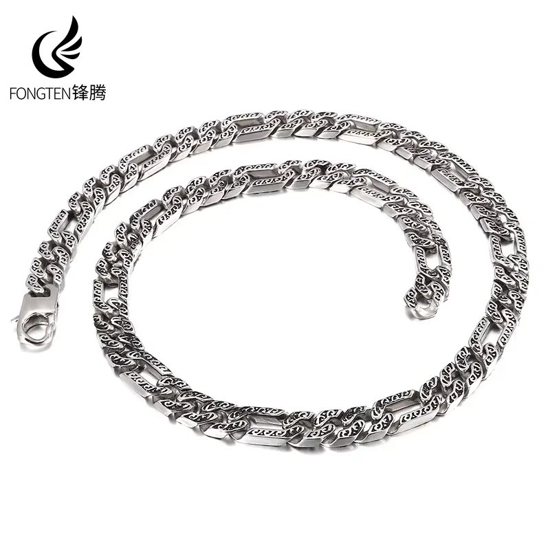 Fongten 10mm Figaro Chain Men Necklace Stainless Steel Cuban Chain Charm Choker Necklace Male Silver Color Heavy Jewelry