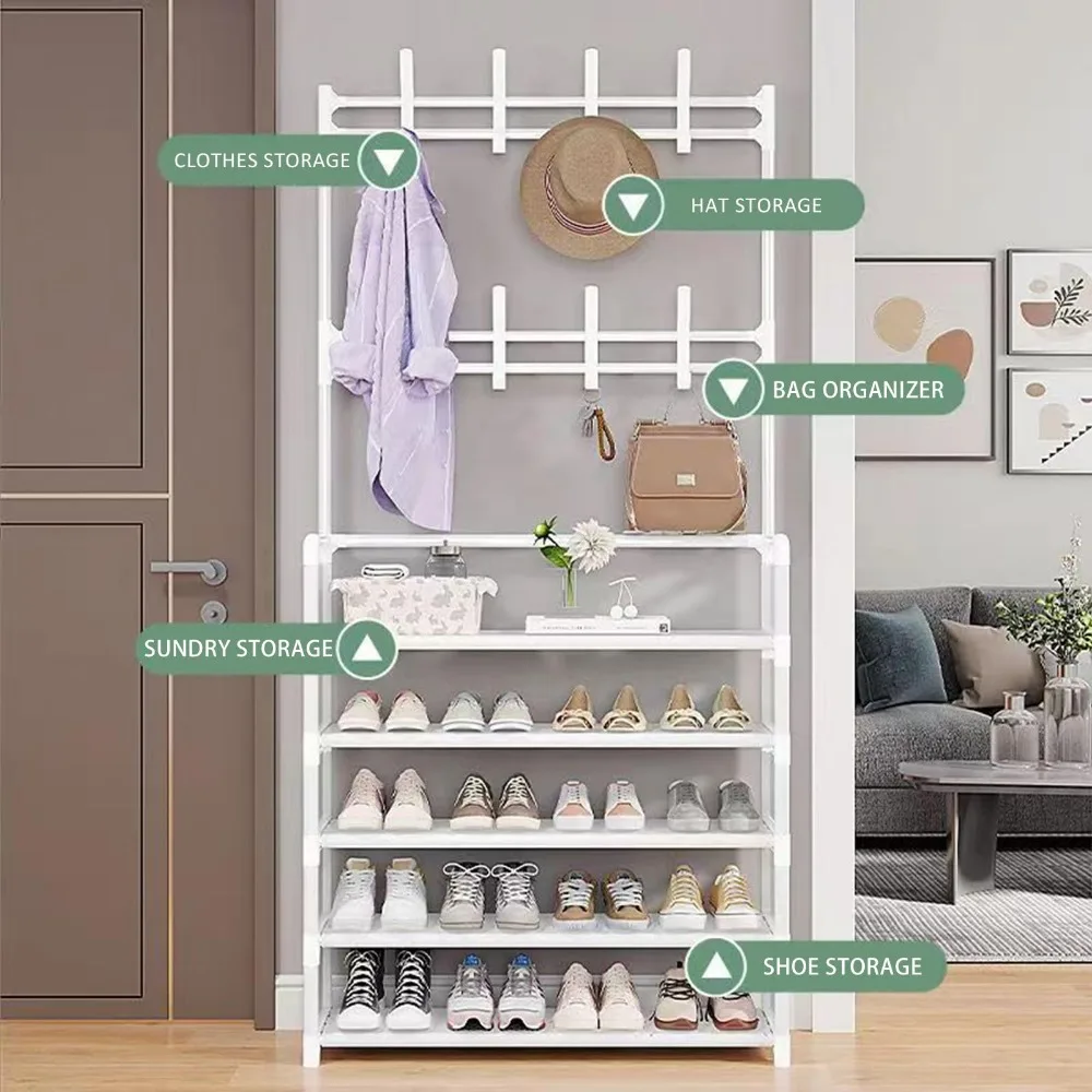 Shoe Rack DIY Coat Organizer Multi-Layer Clothes Storage Shelf Doorway Key Hooks Bedroom Clolths Racks Hat Hangers Shoes Cabinet