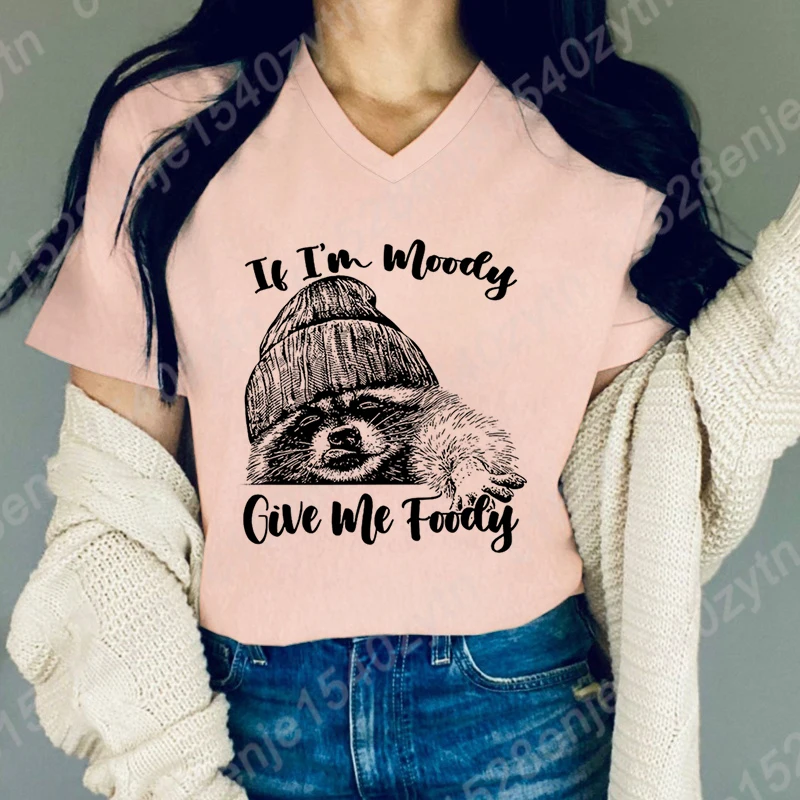 Cute Racoon If I'm Moody Give Me Foody Print Tee Shirts Women Short Sleeves Funny V-Neck Tee Shirt Casual Summer Pure Color Tops