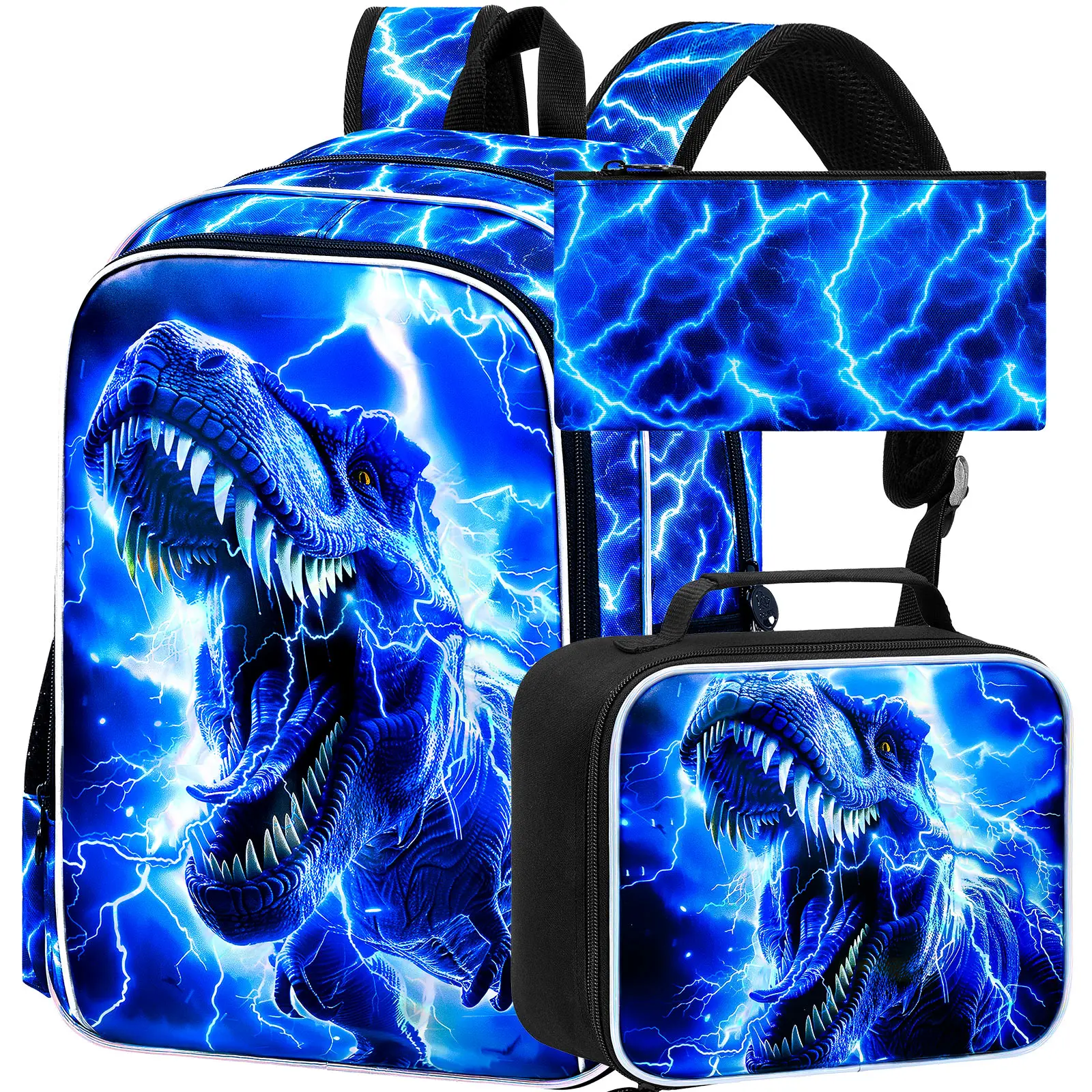 

3PCS Backpacks for Boys, 17" Kids Bookbag for Boy, Lightweight Backpack with Lunch Box Lightning Tyrannosaurus rex