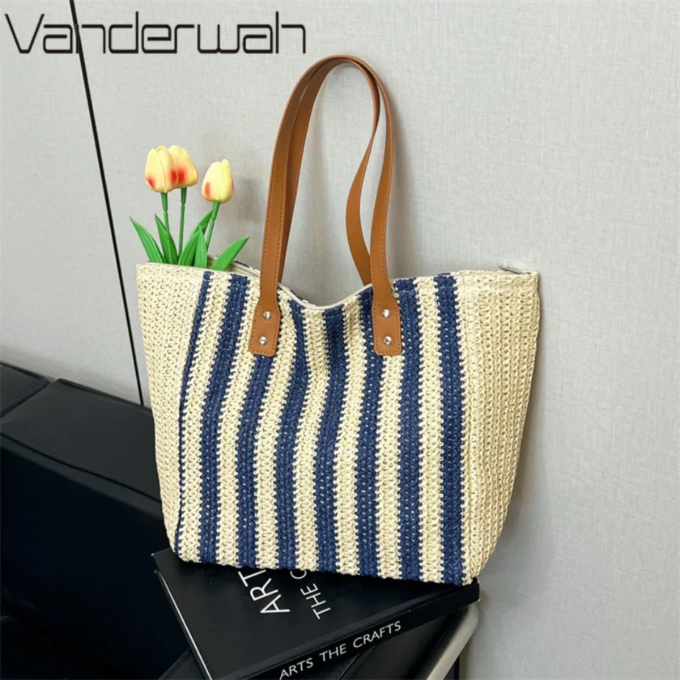 

Summer Casual Women's Handmade Woven Shoulder Bag Retro Style Large Capacity Striped Tote Handbag Beach Vacation Straw Woven Bag