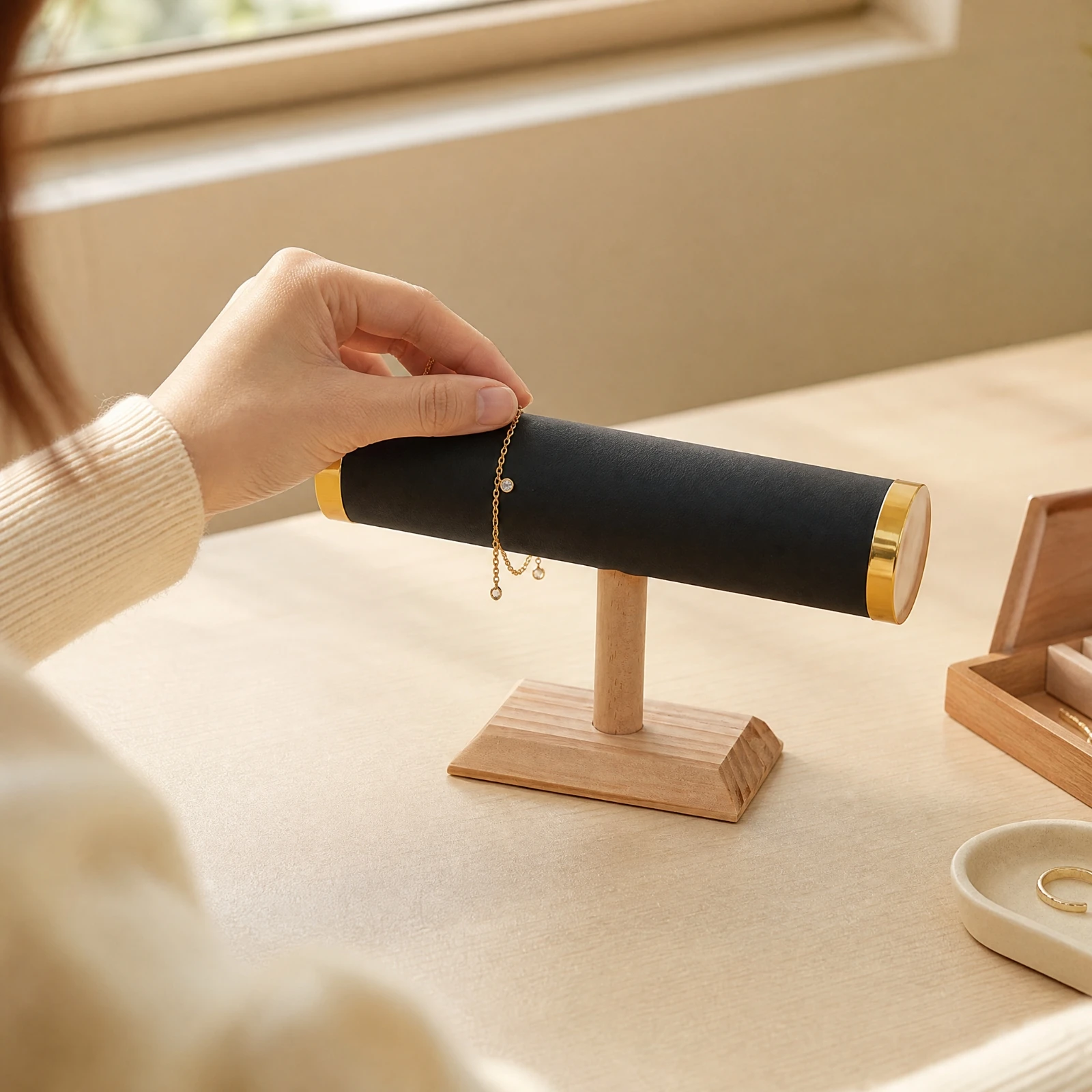 Single-Bar Bracelet Stand Sleek Countertop Jewelry Stand with Wooden Base Single-Bar Bracelet Holder Stable Elegant