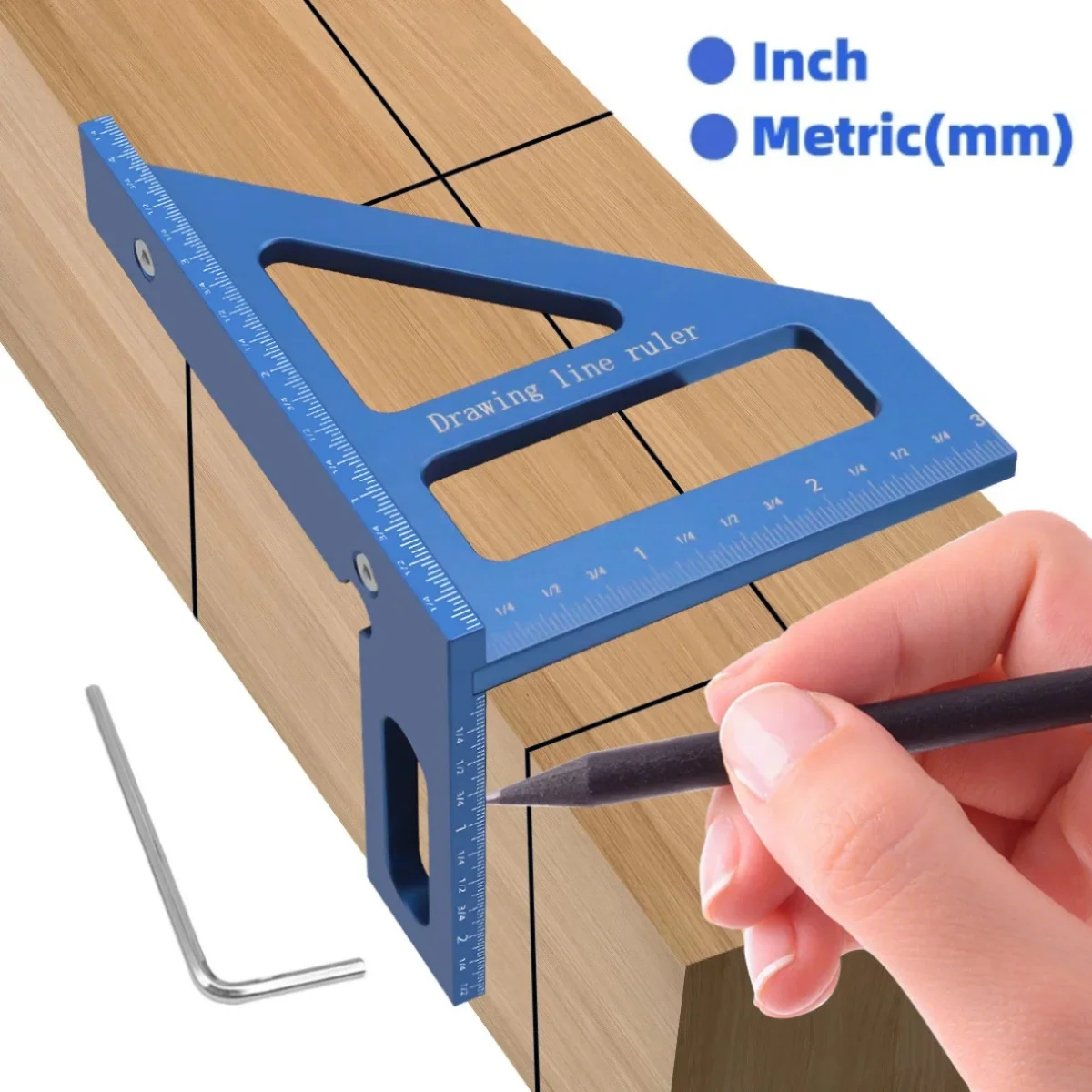 

Метрическая/дюймовая линейка из алюминиевого сплава с углом 45/90 °, синяя треугольная линейка, плотничный квадратный транспортир, высокоточный 3d-измерительный прибор