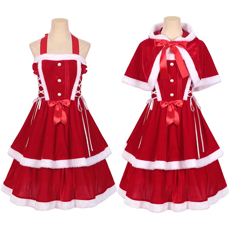 

Christmas New Adult Palace Dress Christmas Dress Santa Claus Women's Dress with Shawl Bright Red Cosplay Costume Disguise Clothe