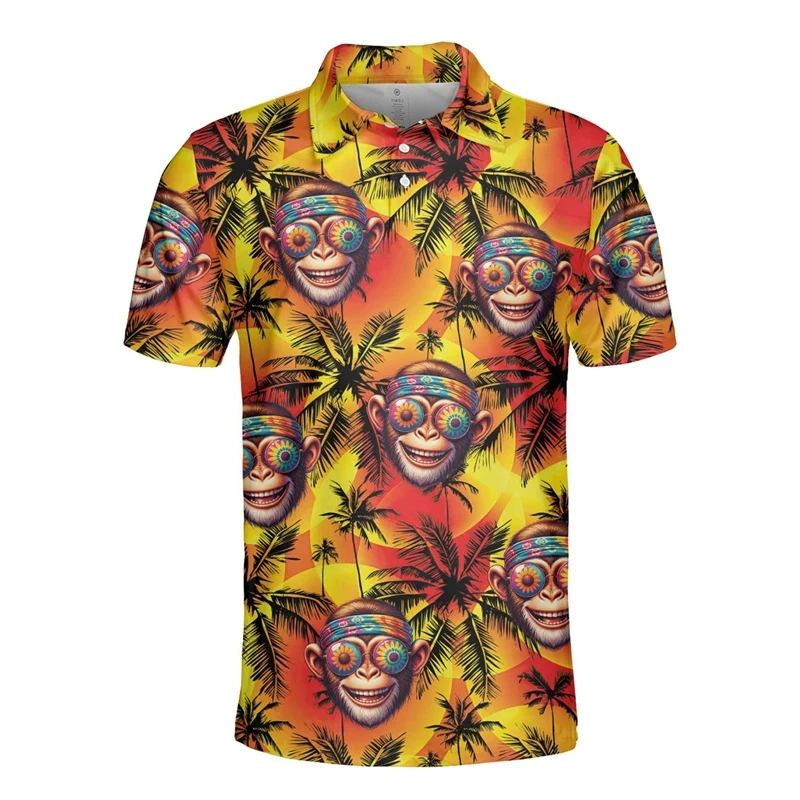 Hip Hop Hawaiian Monkey 3D Print Polo Shirts For Men Clothes Harajuku Fashion Short Sleeve Funny Animal Lapel Polo Shirt Tops