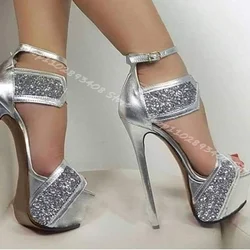 Gold Platform Glitter Stiletto Sandals Open Toe Ankle Buckle Solid Summer Design for Women Party Sandals Zapatos Para Mujere