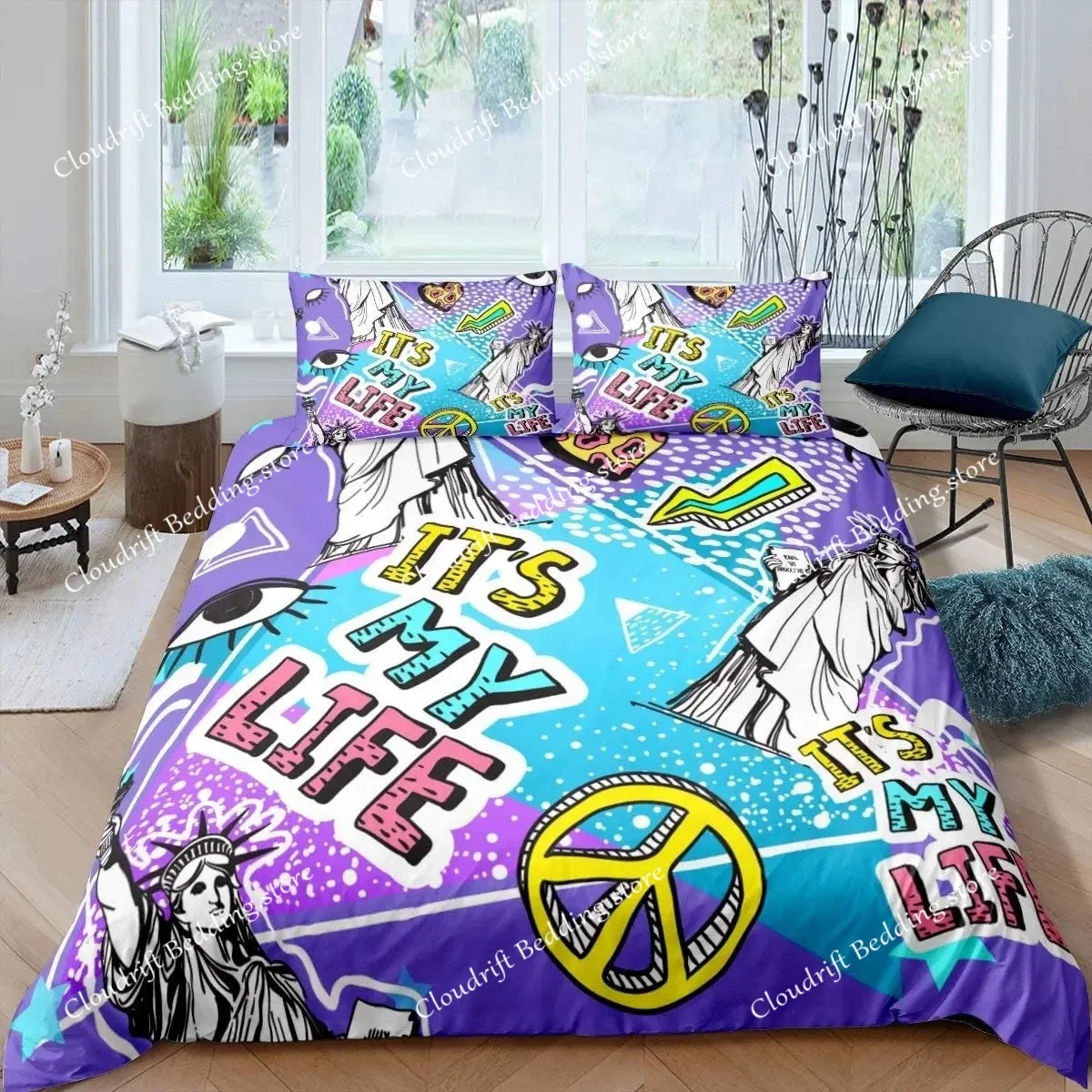 Peace Sign Duvet Cover Set Flower Power Polyester Comforter Cover Rural Pastoral Bedding Set With Pillowcase King Queen Size
