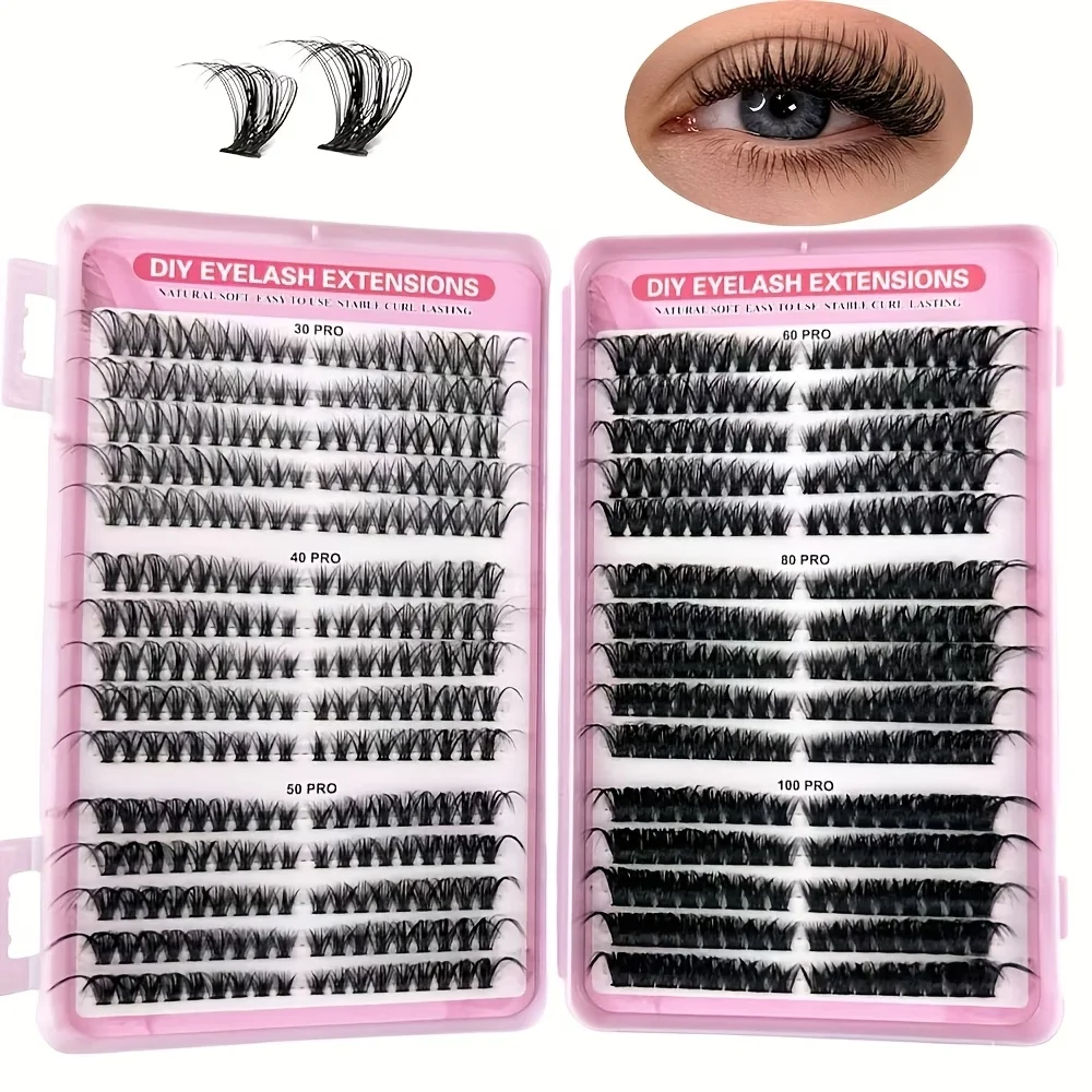 DIY False Eyelash Kit, Large Capacity, Mixed Type, Individual Clusters, Natural, Eye-catching, Messy, Fluffy, Curled.