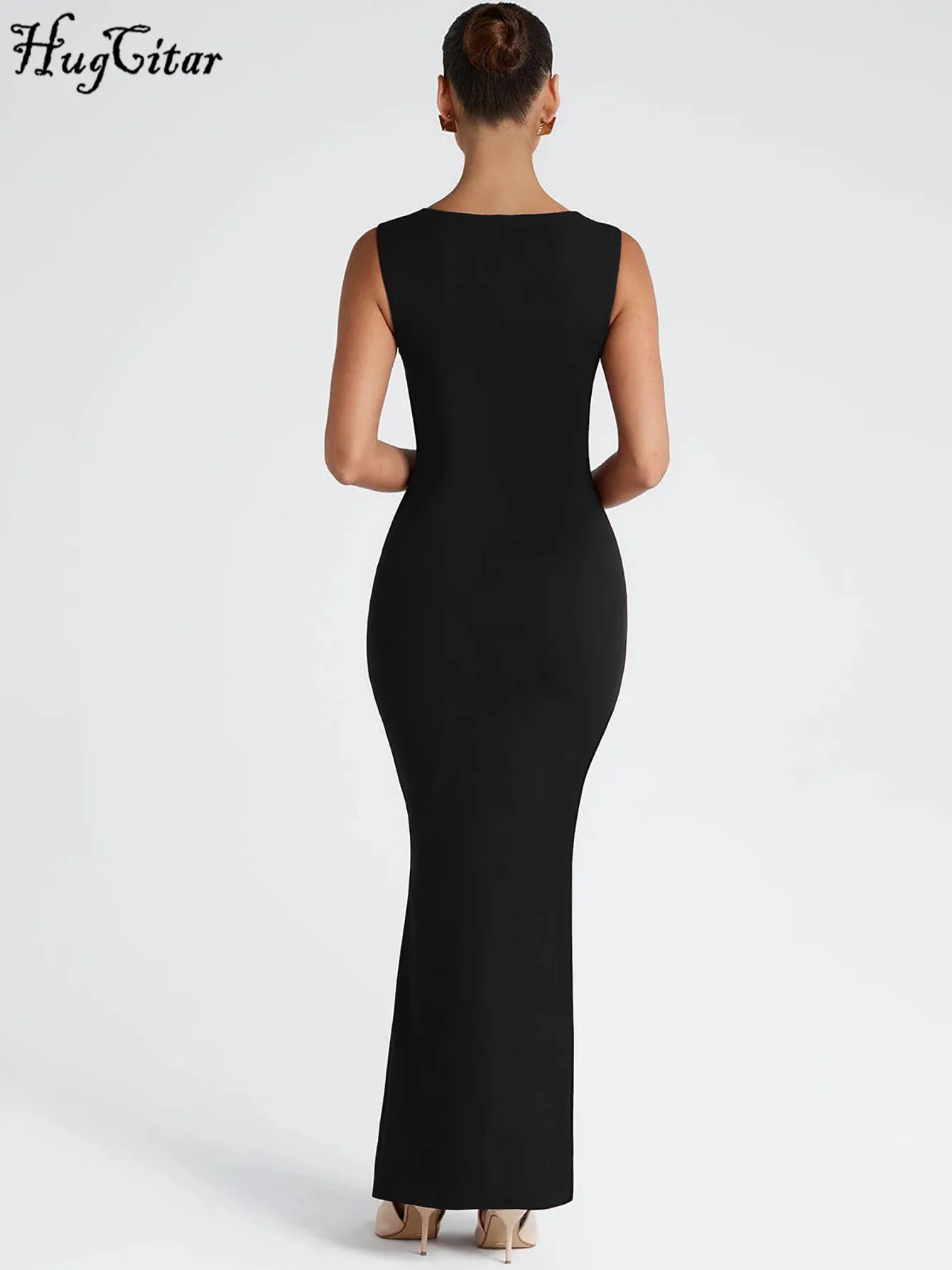 Hugcitar Women Elegant Solid Square Collar Straps Sexy Bodycon Maxi Prom Dress Summer Women Y2K Clothes Evening Party Birthday