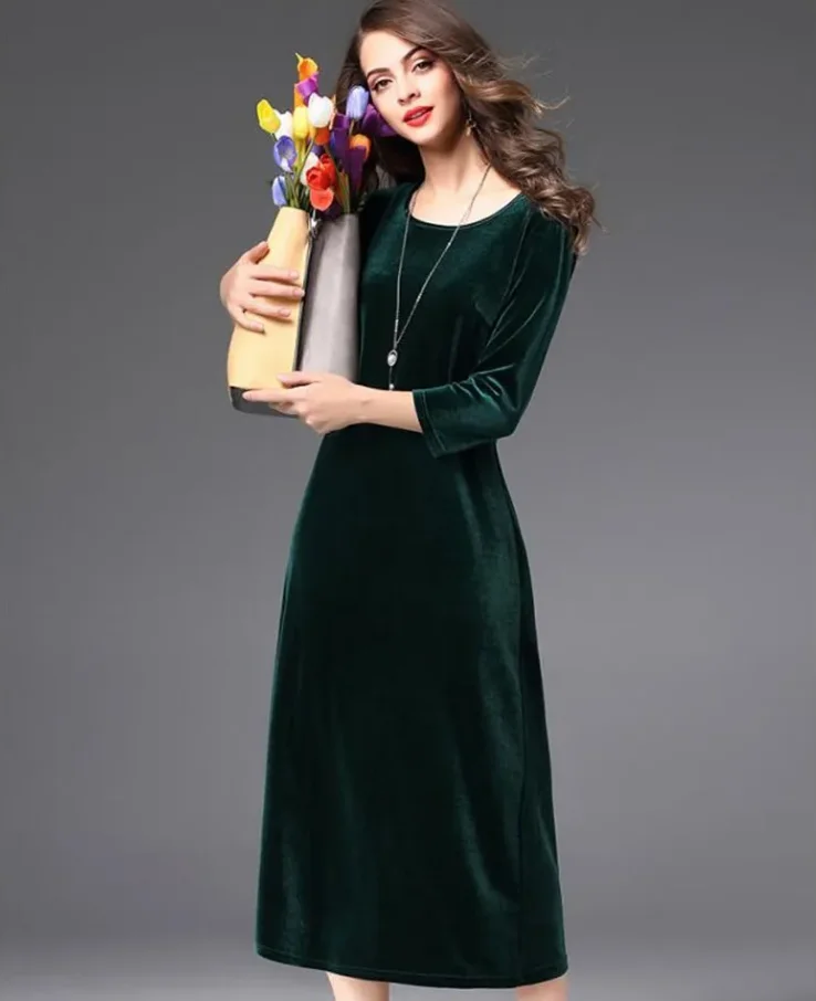 Hot sale Plus size women Spring and Autunm office long maxi velvet dress,2026 Elegant winter velour dress