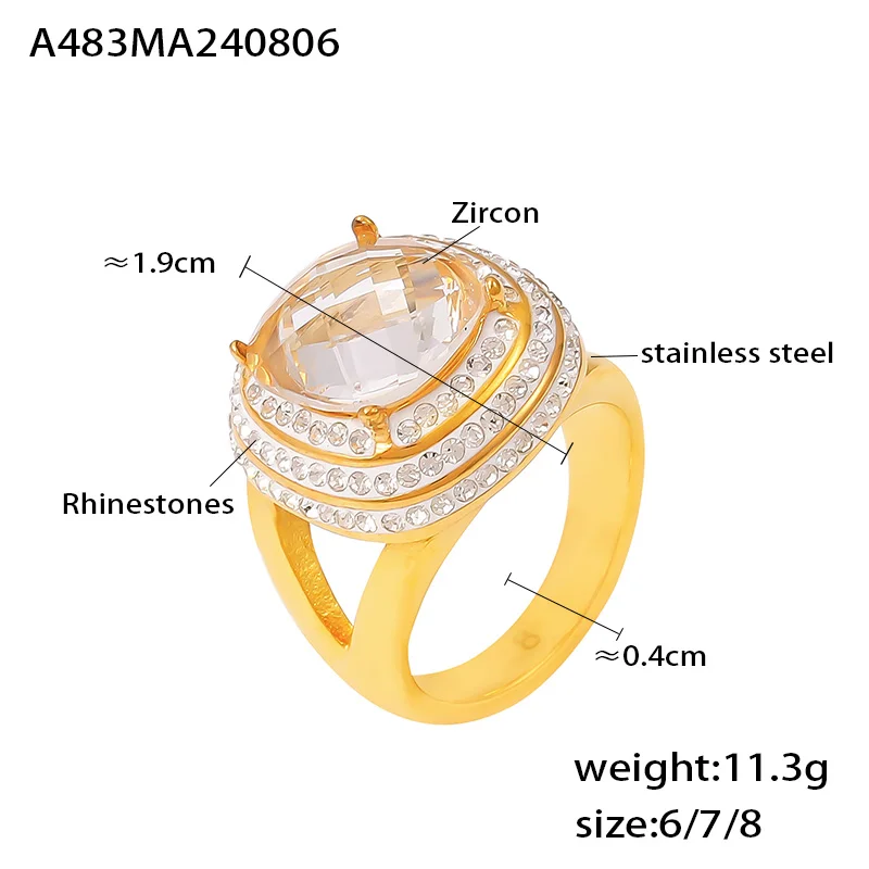 Big White Zircon Luxury Rings for Women 3 Layers Rhinestones Stainless Steel Waterproof Index Ring Gold Plated Charm Jewelry