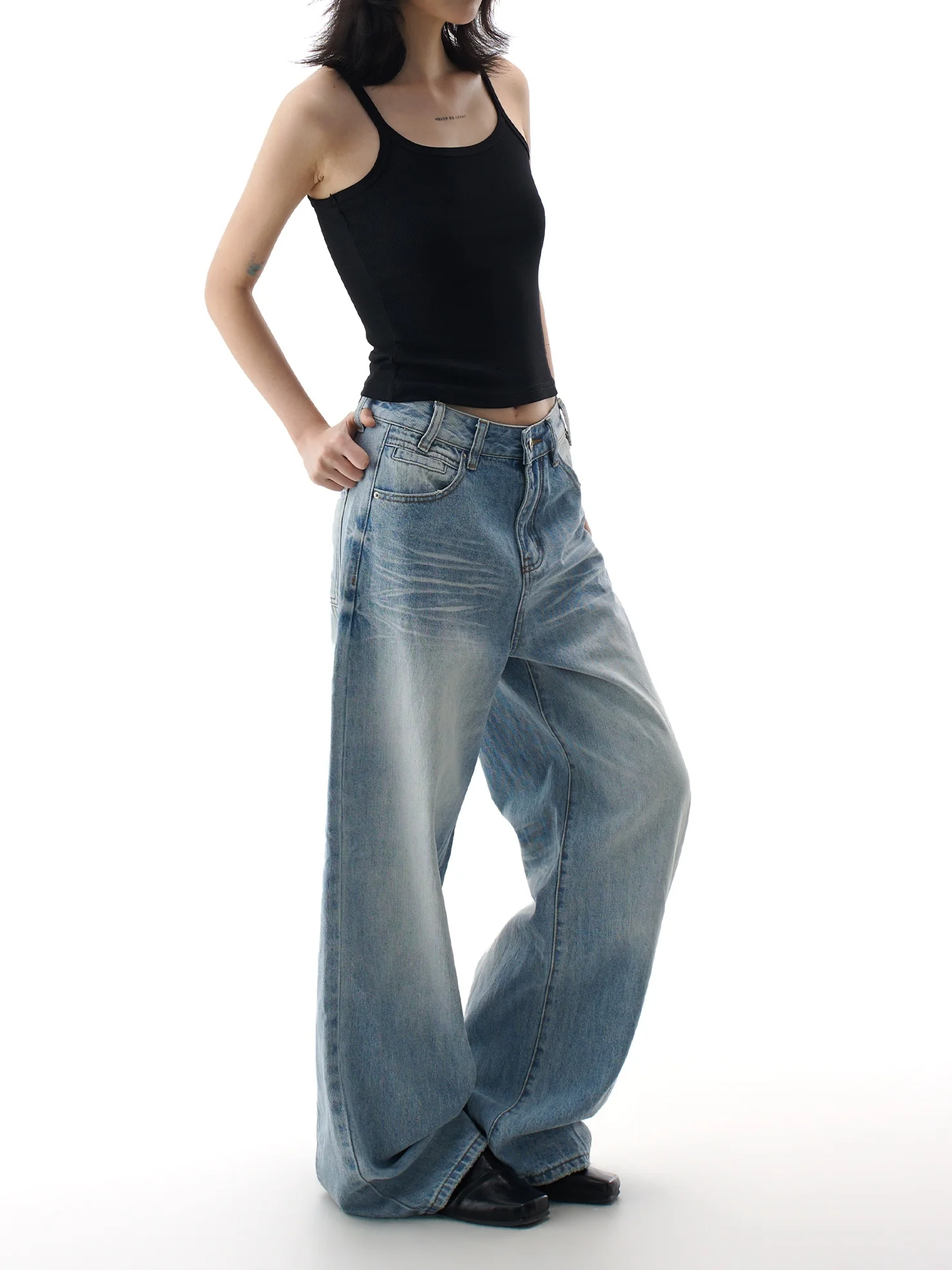

Retro Waed Wide Leg Jeans Women's Loose Floor-Length Pants Spring New Sle Casual High Waist Denim Blue Cotton Blend