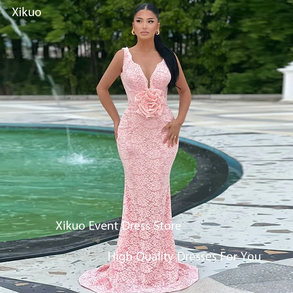 

Xikuo Modest Pink Lace Prom Dress Sweetheart 3D Flower Mermaid Vestido De Festa Spaghetti Strap Party Evening Dresses Customized