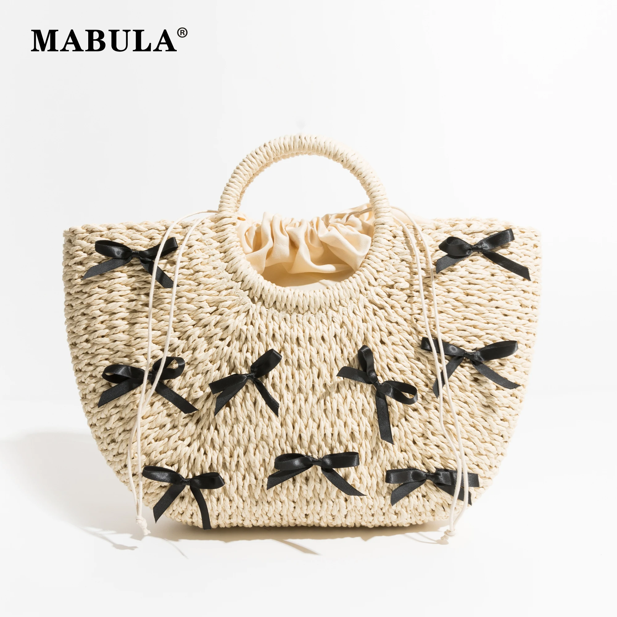 

MABULA Girl Bow-Knot Circle Tote Beach Purse Chic Handmade Summer Circle Travel Bag Elegant Women's Daily Handbag