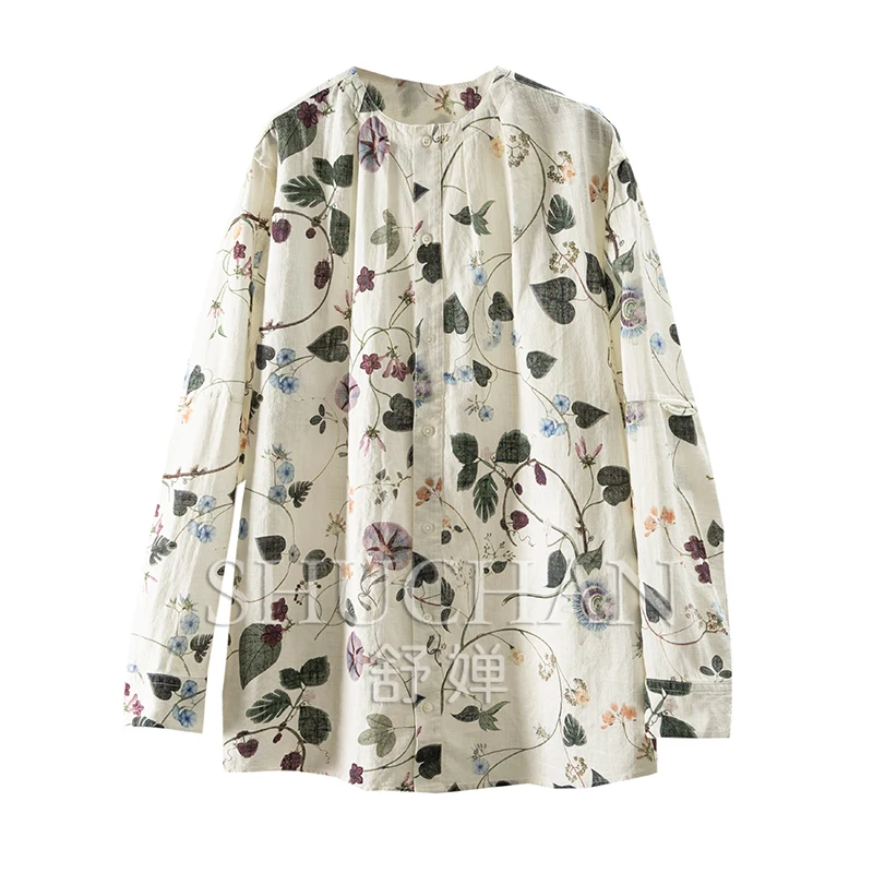 

Summer Cotton Linen Print Round Neck Pleated Long-sleeved Shirt Women 1Y50 Loose Blouses for Women Fashion 2025
