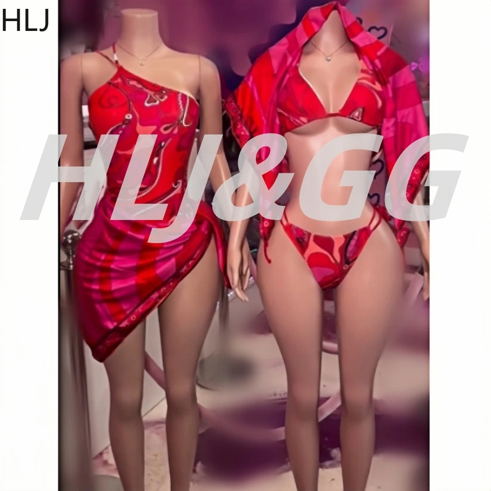 

HLJ Red Sexy Print Design Red Scarf Bikini Sets Women's Halter Sleeveless Backless Slim Swimsuit Summer New Beach Swimwear 2025