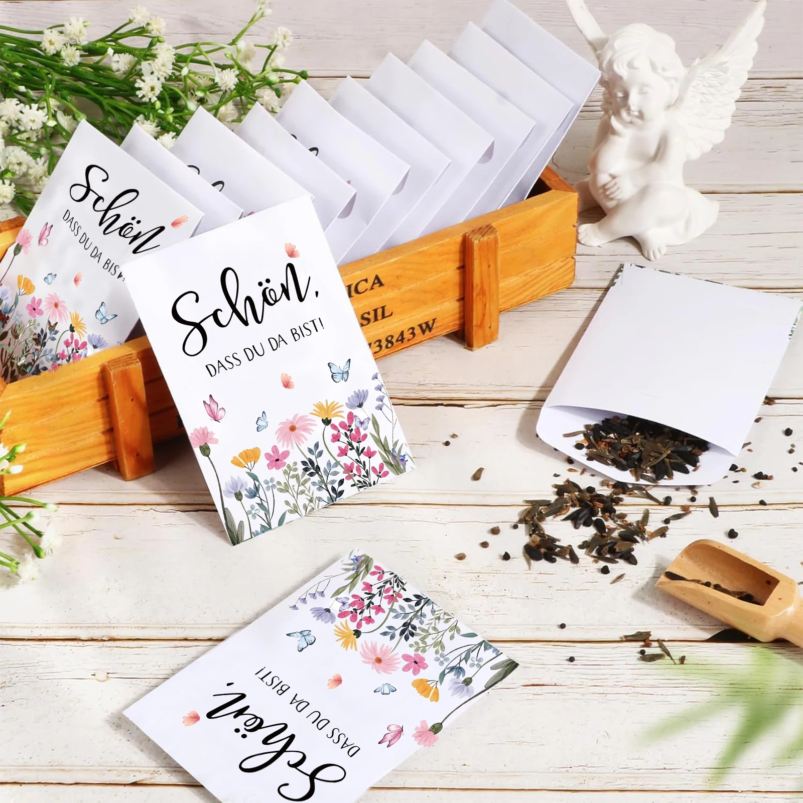 50 قطعة من أكياس البذور "Schon، Dat du daisst"، هدايا الضيوف، بذور الزهور، أكياس الهدايا، أكياس الورق، مزينة بتغليف بذور الزهور