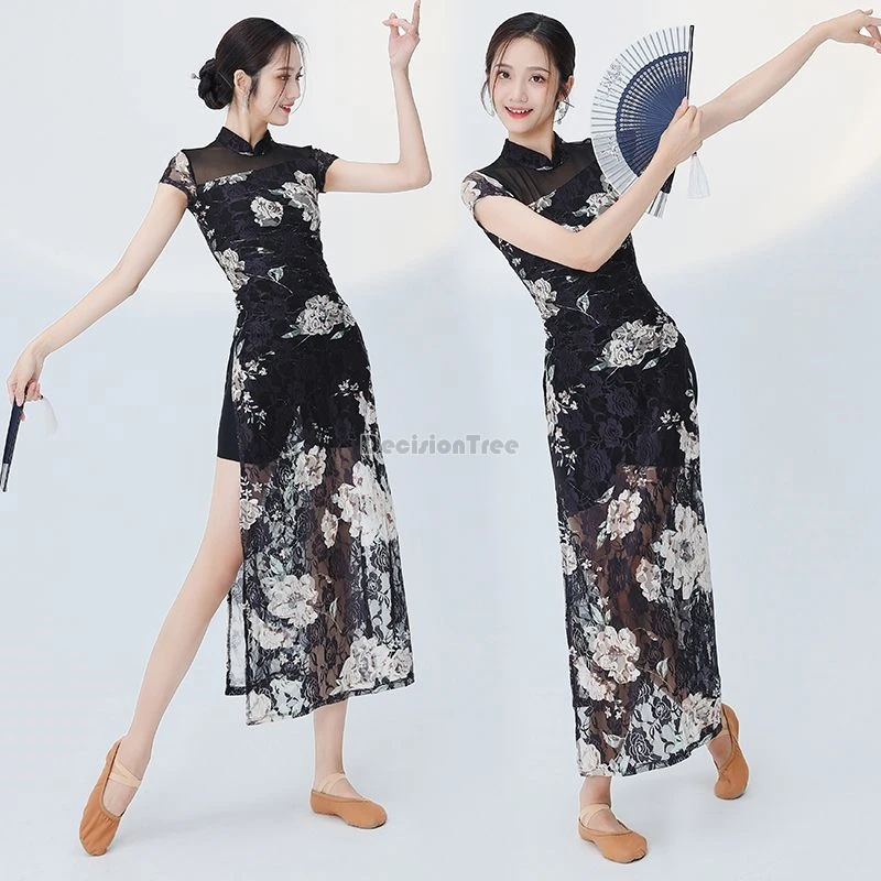 

2024 chinese traditional sexy lace dancing qipao hollow out gauze patchwork split dress retro temperament dance training garment