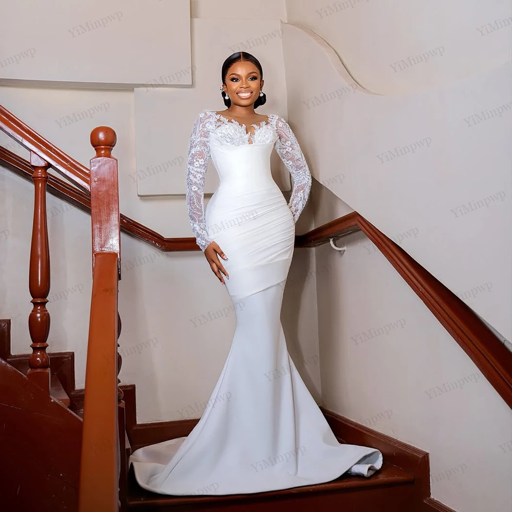 Vestidos de novia de satén de lujo 2 en 1, estilo sirena para novia, encaje, manga larga, tren desmontable, personalizado, 2026