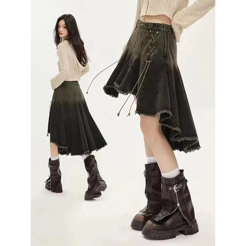 MEXZT Y2K 데님 미니 스커트 여성 하라주쿠 빈티지 비대칭 청바지 스커트 여름 Gyaru Grunge 2000S Bandage Pleated Faldas New