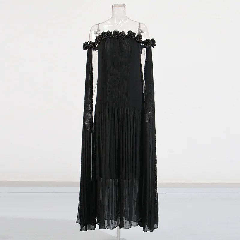 3D ดอกไม้ Splicing จีบชุดฤดูใบไม้ผลิผู้หญิงแขนกุด Slash คอปิดชุดไหล่ฤดูร้อนเอวสูงชุดลูกวัวกลาง