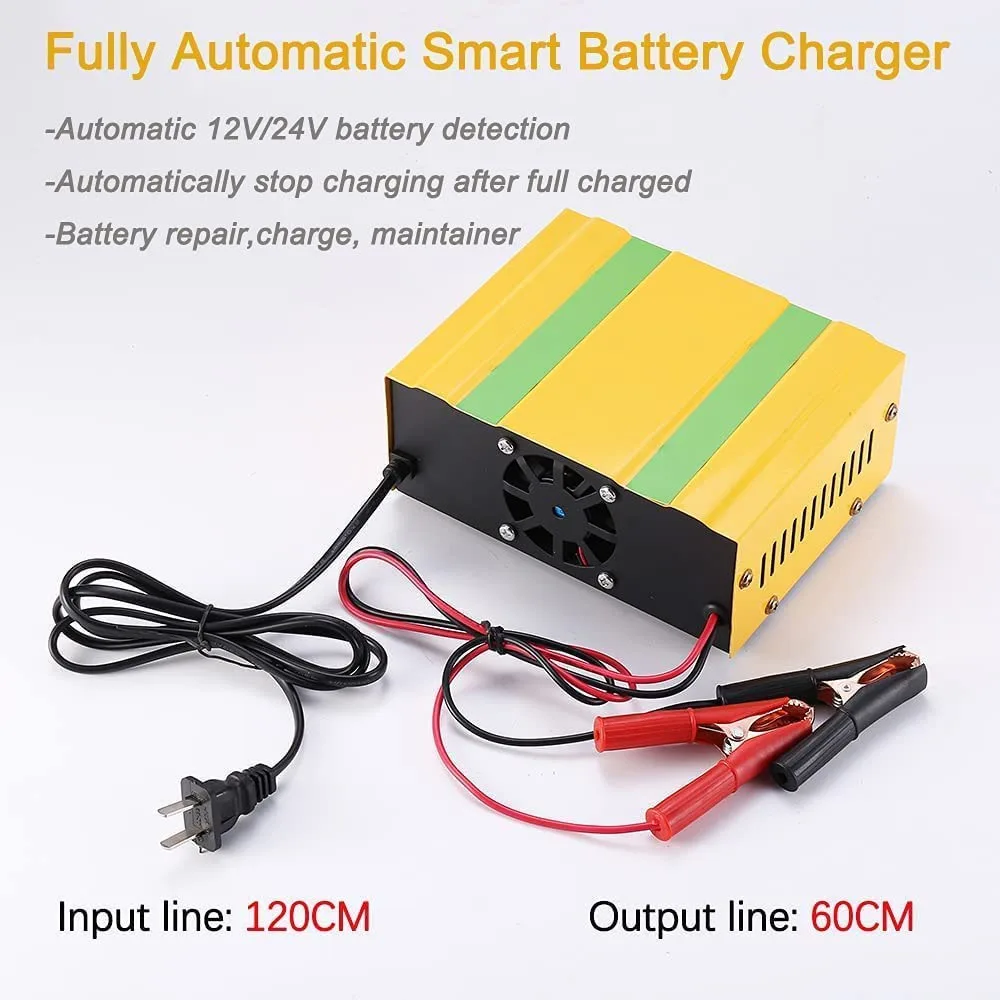 12A Automatic Battery Charger 12V/24V Car Battery Charger Smart Trickle Maintainer for Most Lithium, Lead-Acid, AGM Batteries