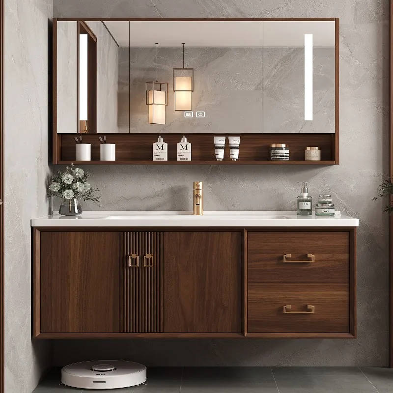 Luxury Retro Walnut Solid Wood Floating Bathroom Vanity With Sink, Integrated Ceramic Basin, Smart Mirror Cabinet, Wall Mount