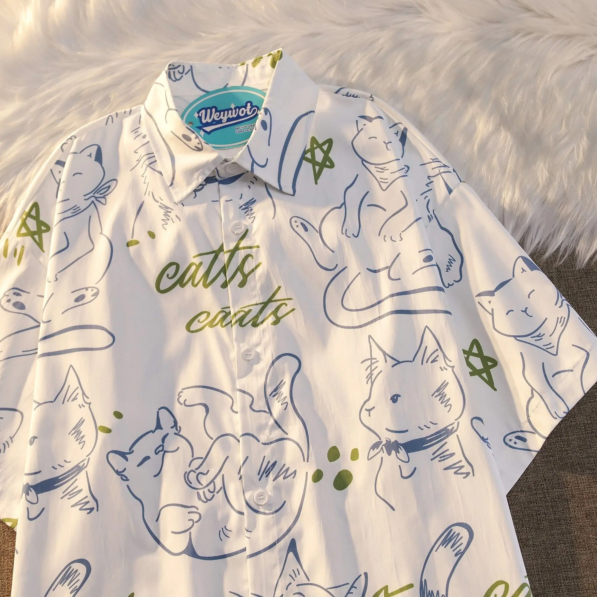 남성 및 여성용 일본 거리 만화 고양이 반팔 셔츠, 레트로 루즈 커플 다목적 반팔 셔츠 y2k, 신제품